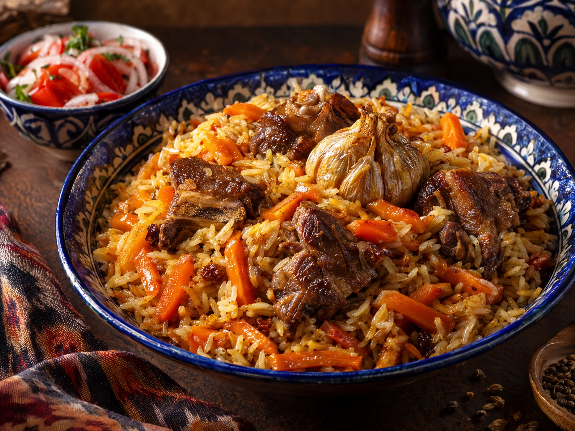 Illustrative photograph of Tajik plov with rice and lamb