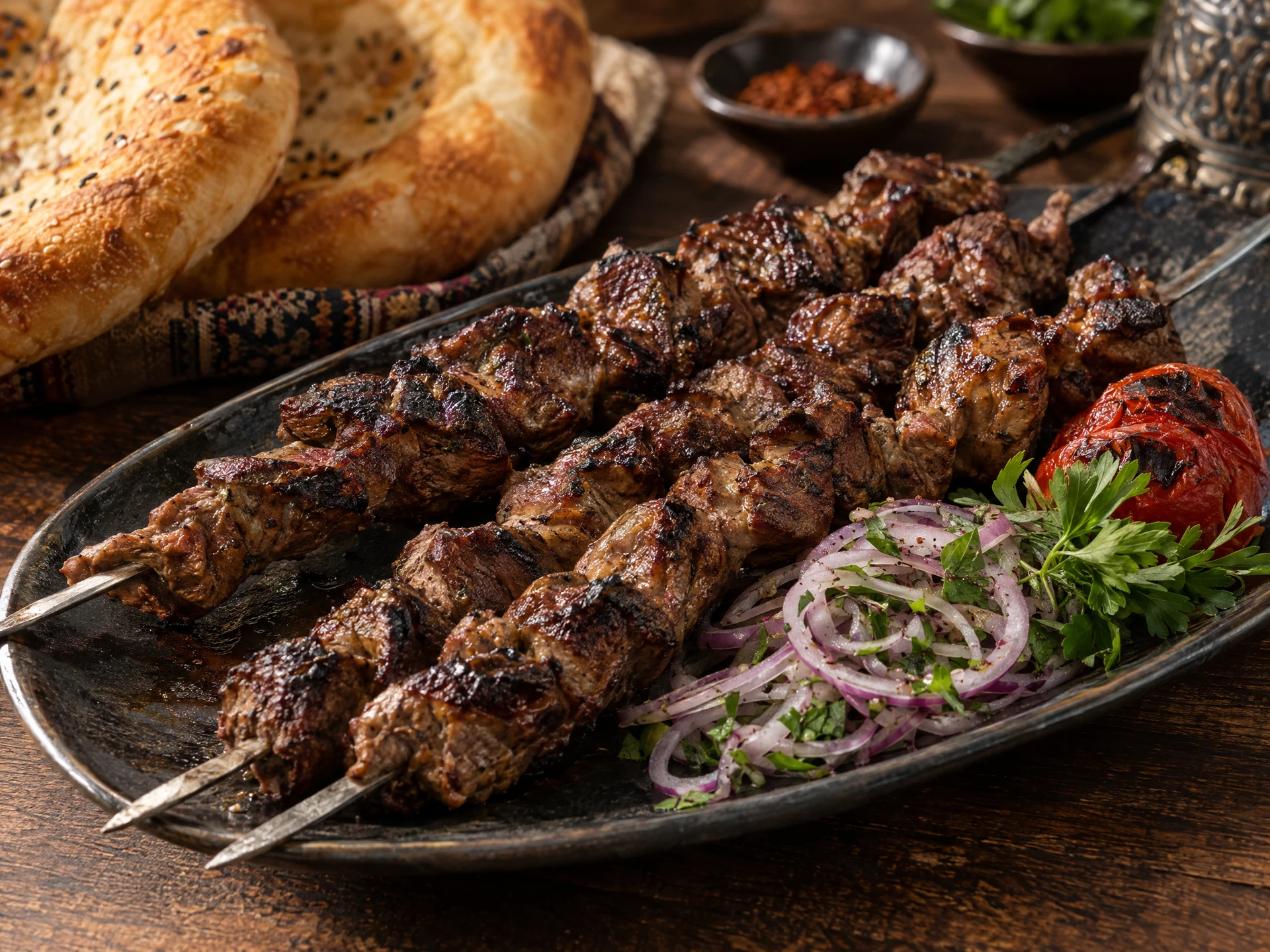 Illustrative photograph of char-grilled lamb kabobs